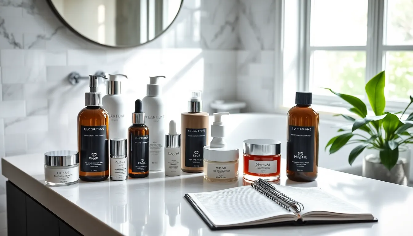 skincare products displayed in a modern bathroom setting.