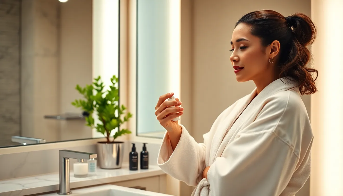 woman applying serum in a modern bathroom during nighttime skincare routine.