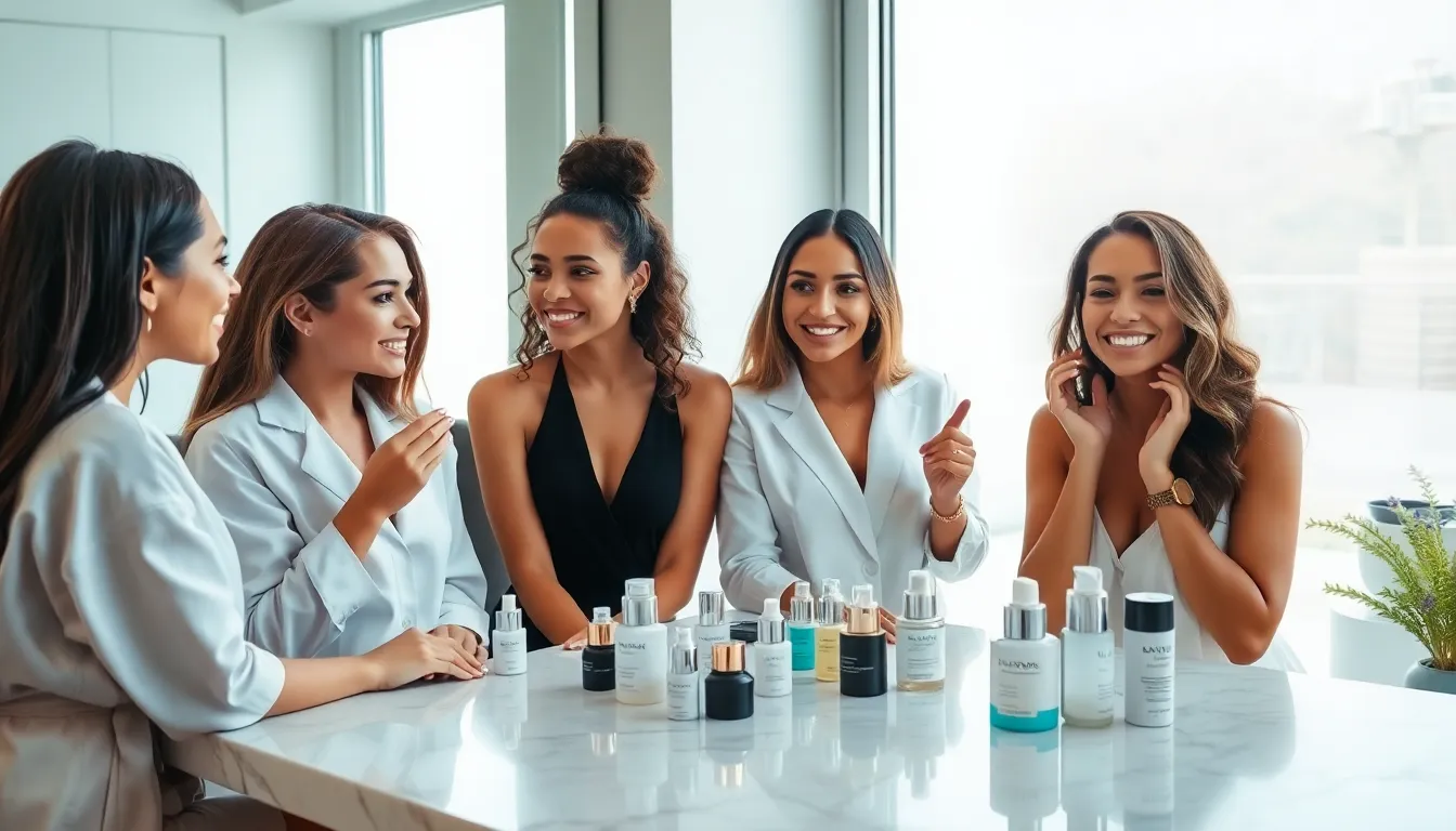 celebrities using skincare products in a stylish vanity setting.