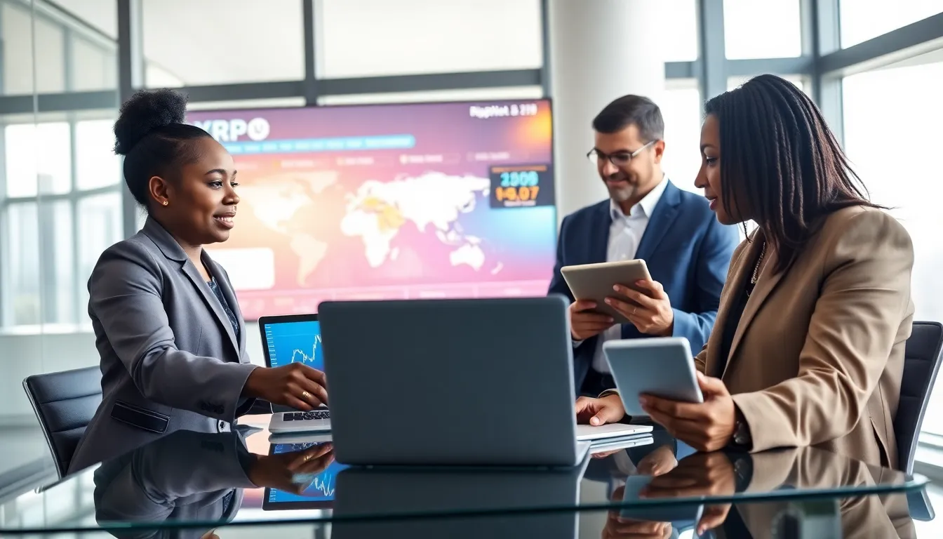 diverse finance team analyzing cryptocurrency trends in a modern office.