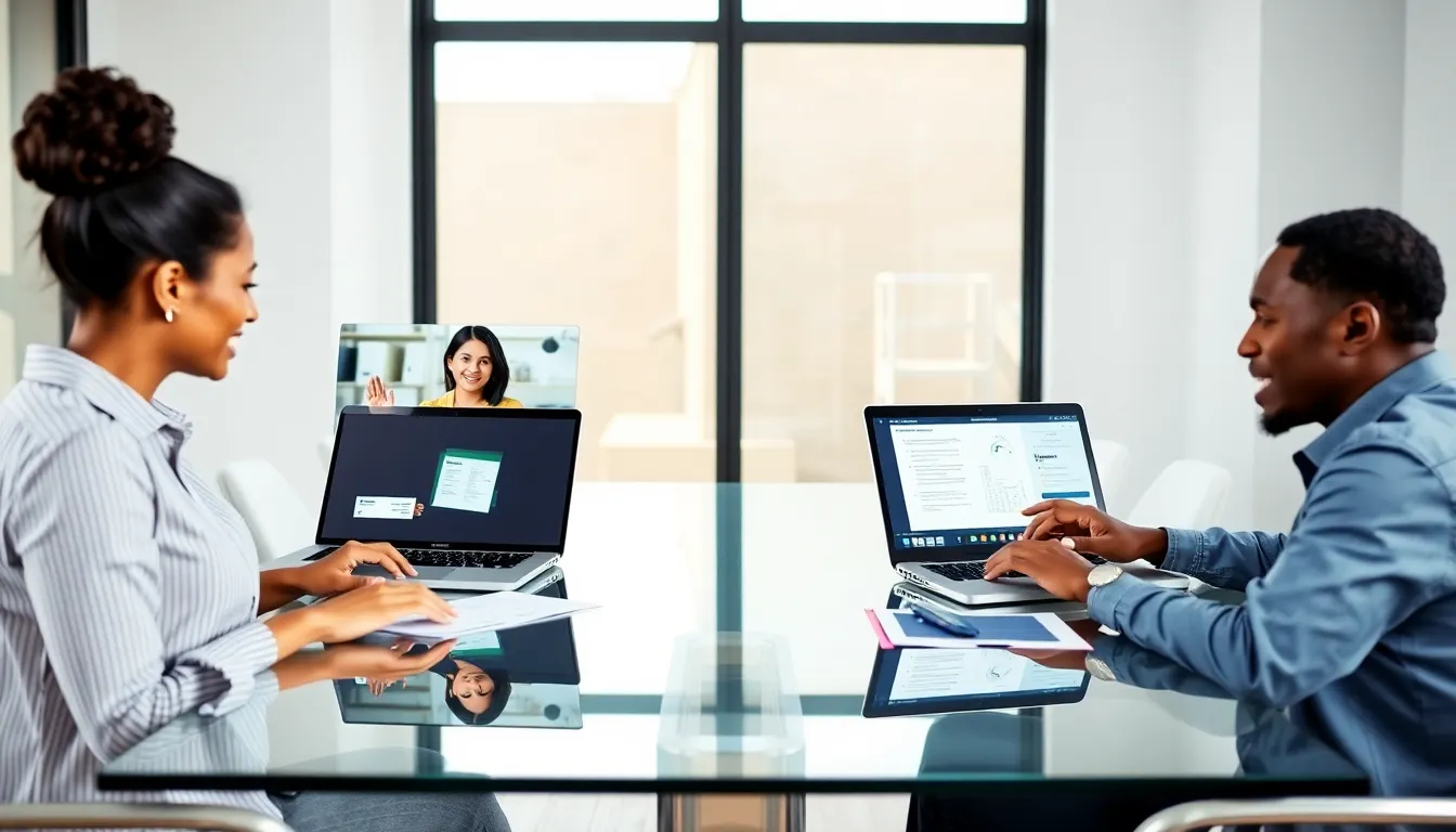 diverse remote team collaborating in a modern office setting.