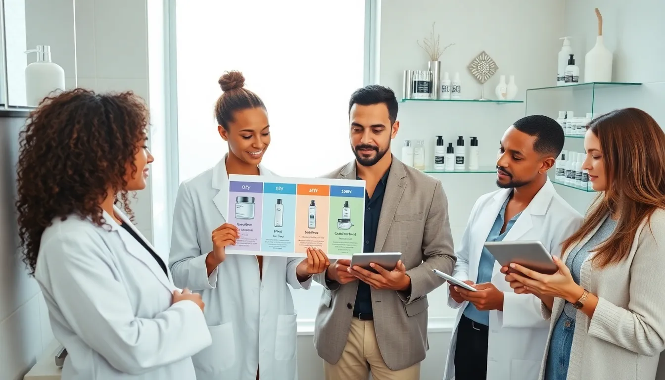 skincare professionals discussing skin types in a modern bathroom.