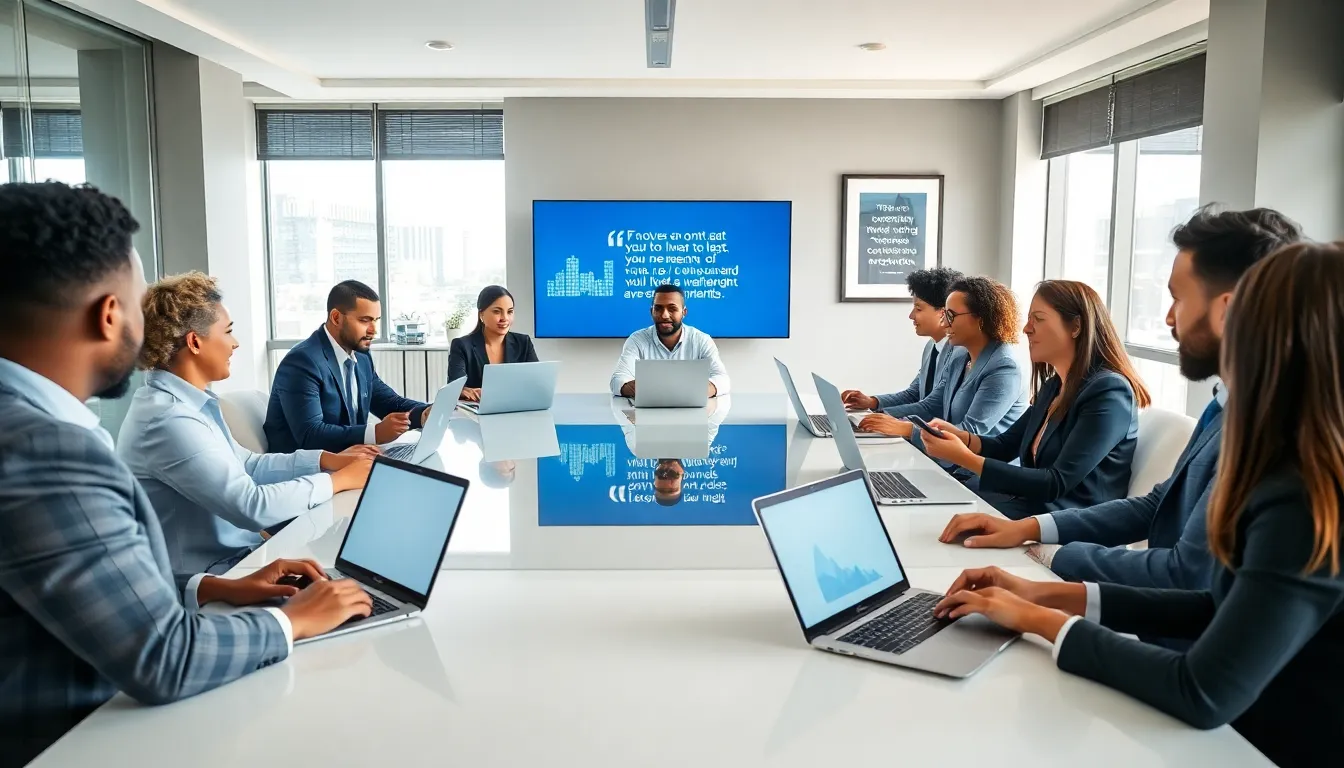 diverse professionals in a modern office discussing remote working policies