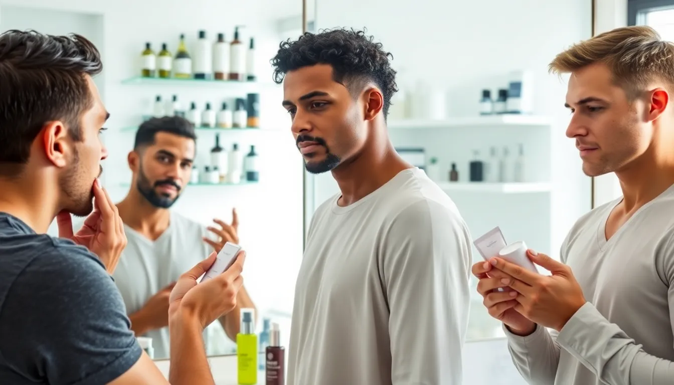 men applying skincare products in a modern bathroom.