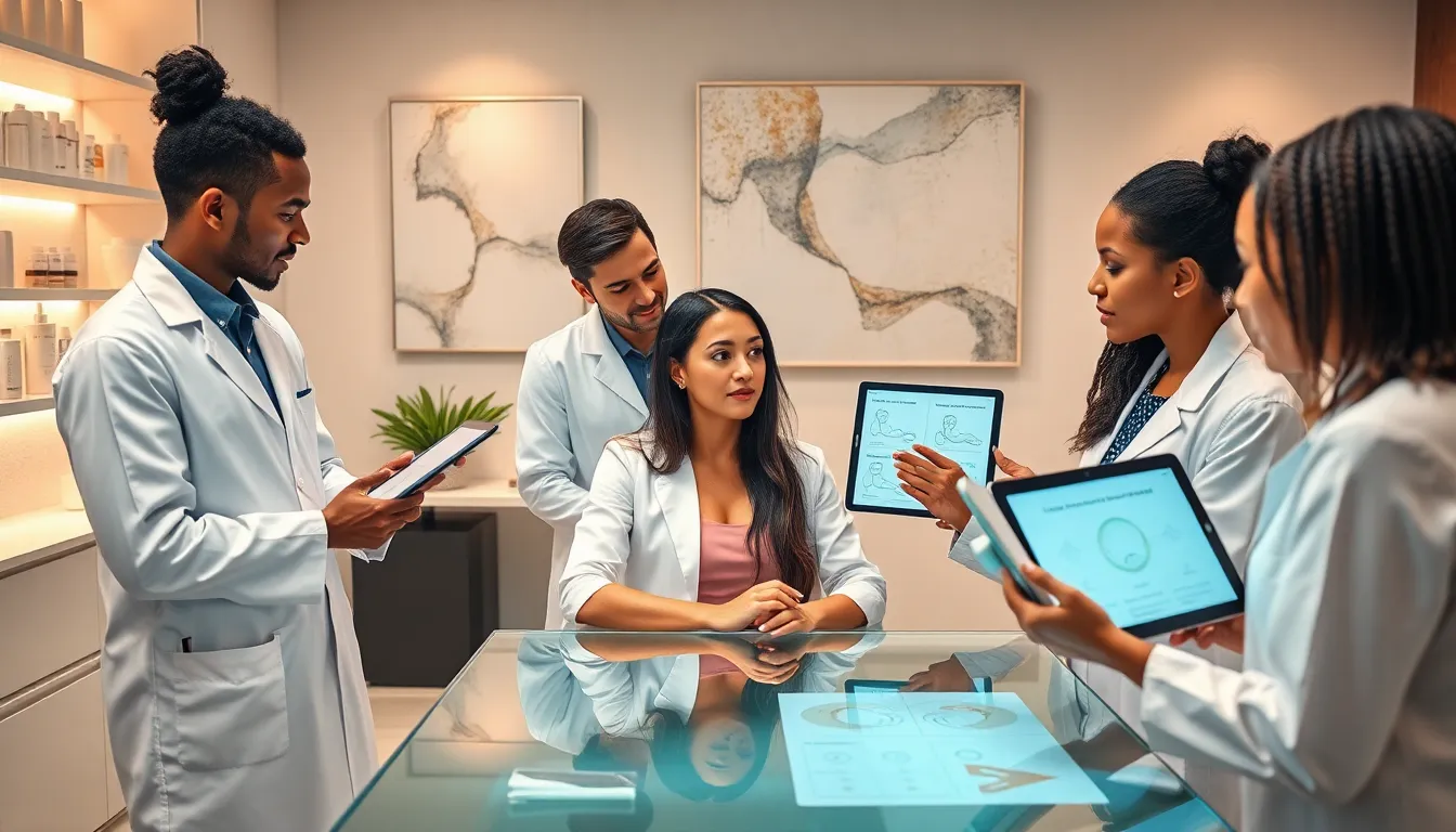 skincare consultation with diverse experts examining a client's skin type.