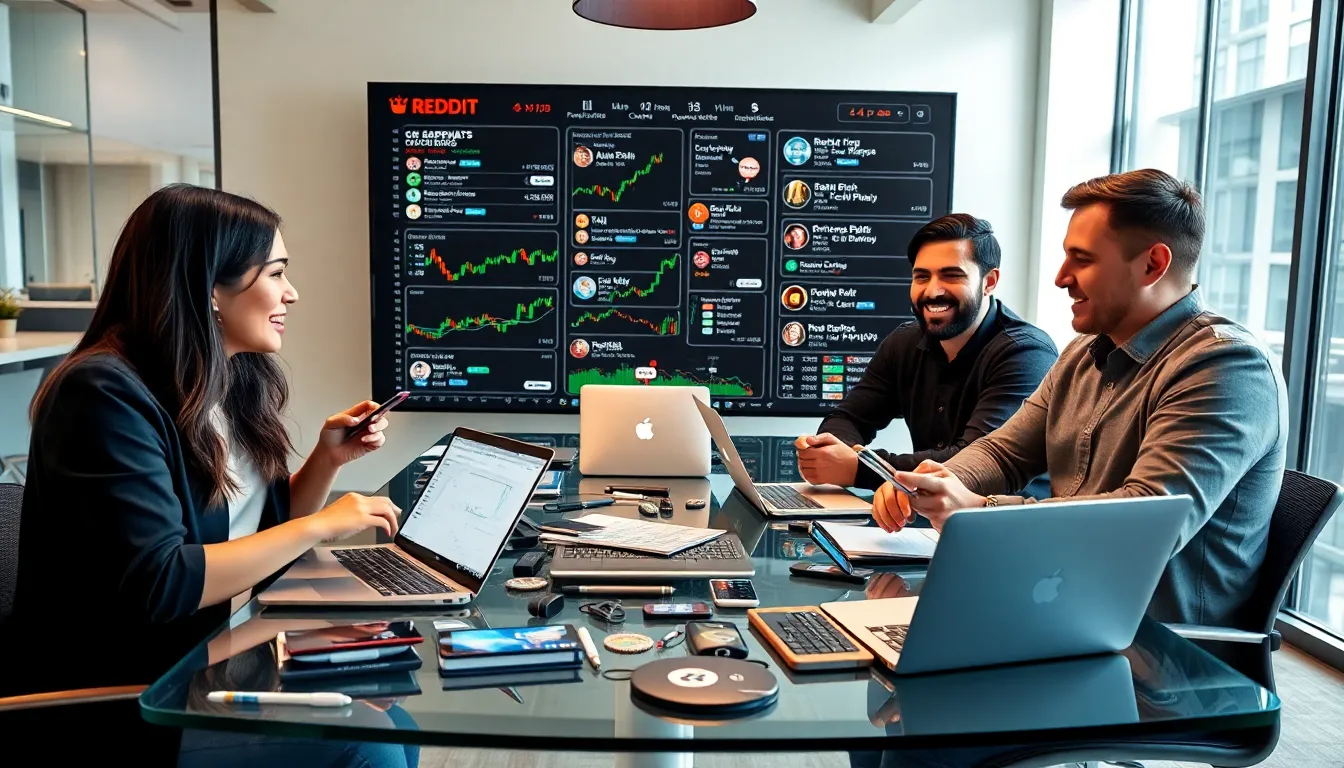 diverse group discussing cryptocurrencies in a modern co-working space