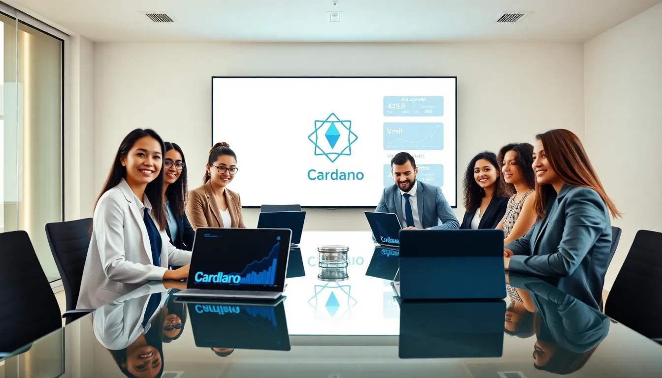 diverse team discussing Cardano cryptocurrency developments in a modern office.