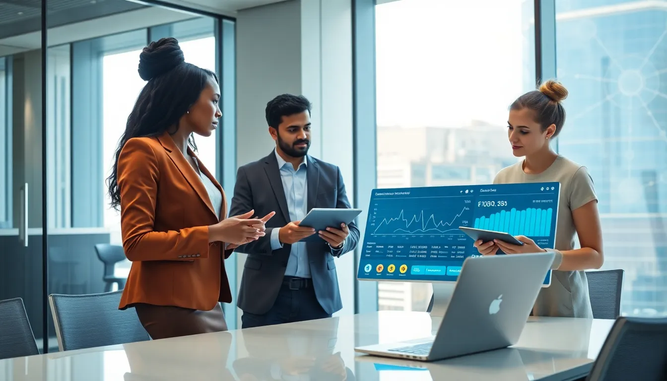 diverse financial professionals discussing Ripple in a modern office.